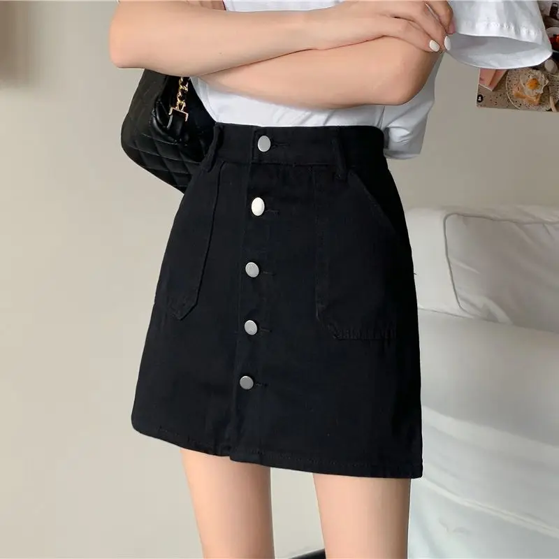Summer Korean Style Student Women Denim Bodycon Mini Skirt High Waist Slimming Anti Exposure Half Skirt