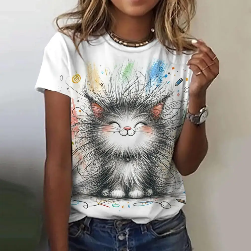 Summer Women's T Shirt 3d Cat Print Fashion Elegant Temperament Short-Sleeve Streetwear Popular Female Oversized Clothing