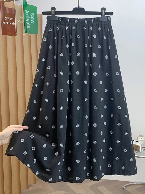 Black Polka Dot Print Halter Neck  Dress Women's Summer High Waist Draped Slimming Unique Casual A-Line Skirt