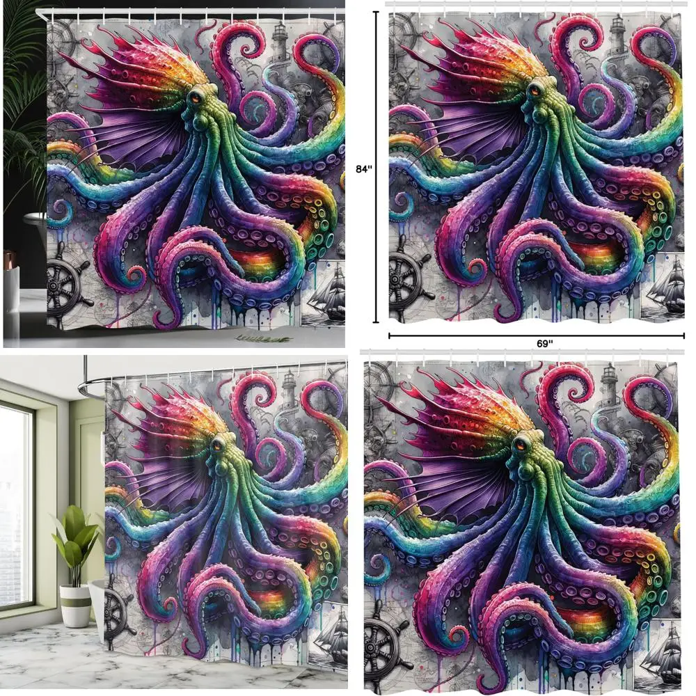 

занавеска для душа морской тематики: винтажное корабельное колесо и дизайн кракен на тканевой занавеске для ванны