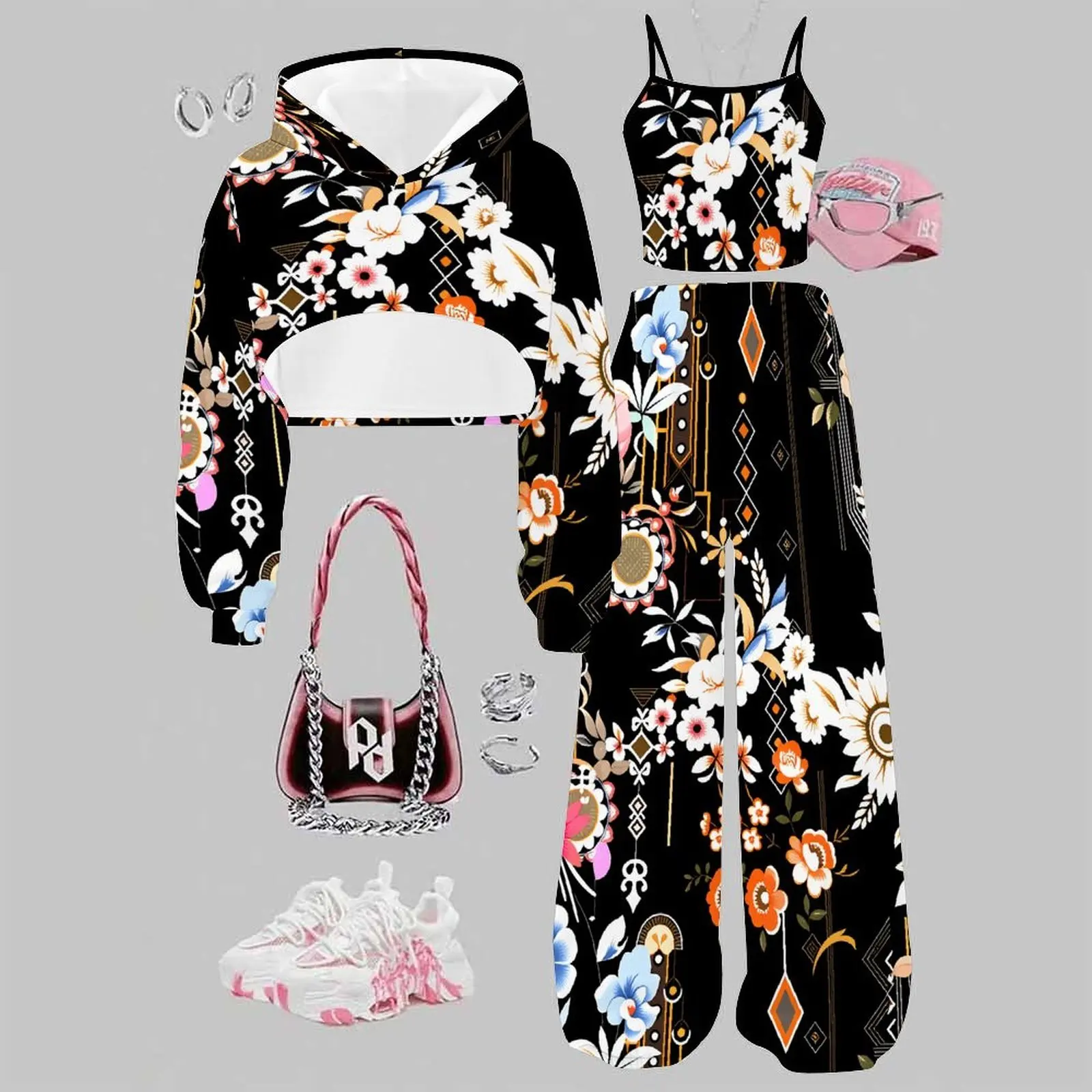 Kids Sweet Fashion Print Three Piece Retro Round Neck Coat  Soft  Skin-friendly Vest Everyday Beach Vacation Party Outfit