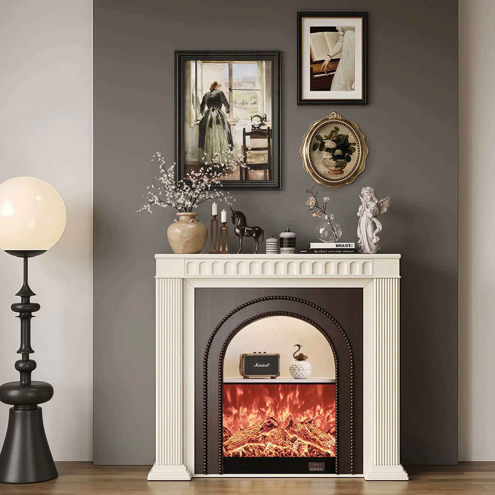 French arch solid wood fireplace decoration cabinet living room sideboard entrance storage simulated fire fireplace cabinet can