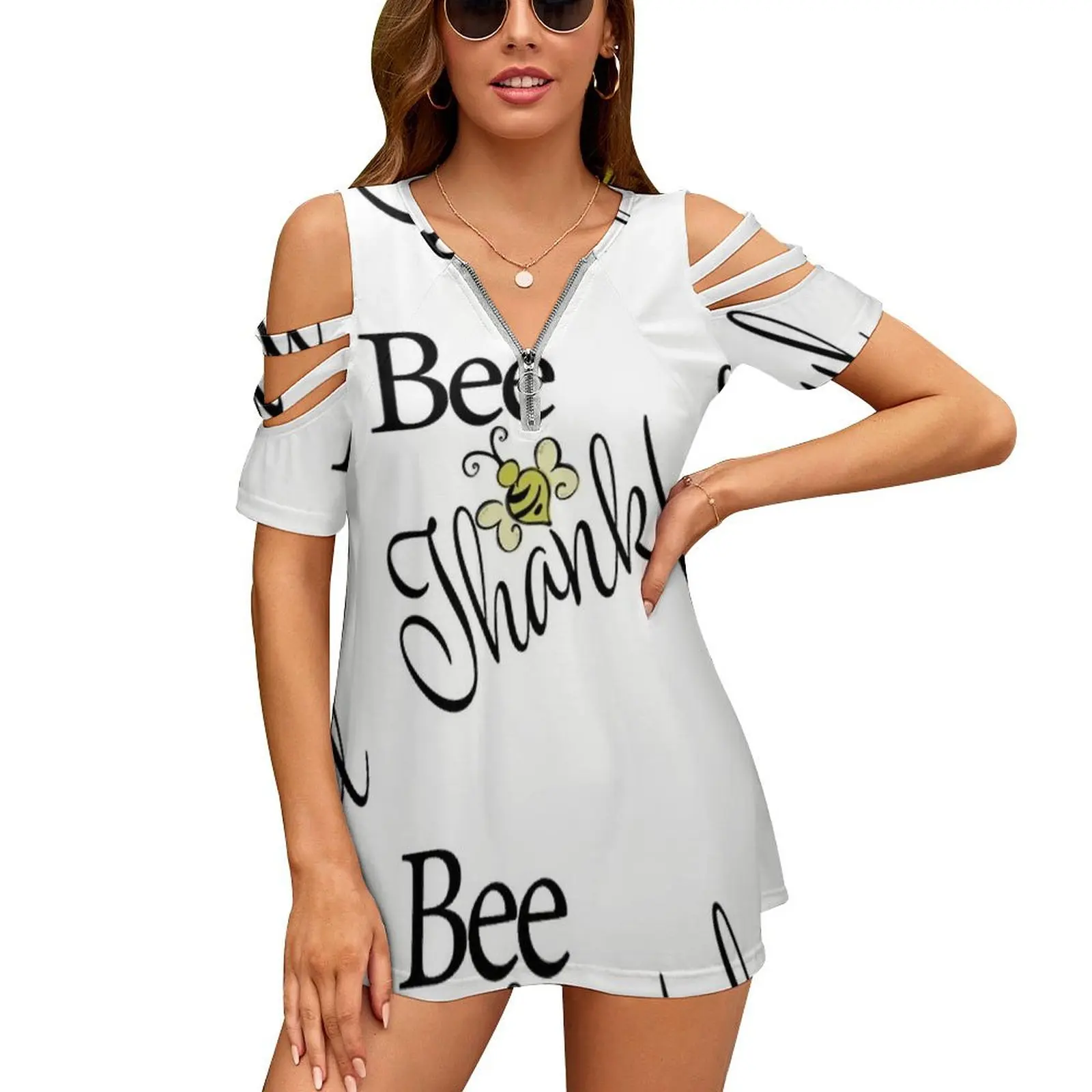 Bee Thankful Women's T-Shirt Summer Fashion Print Floral V-Neck Zipper Tshirt Hollow Pullover Ladies Top Bee Thankful Thankful