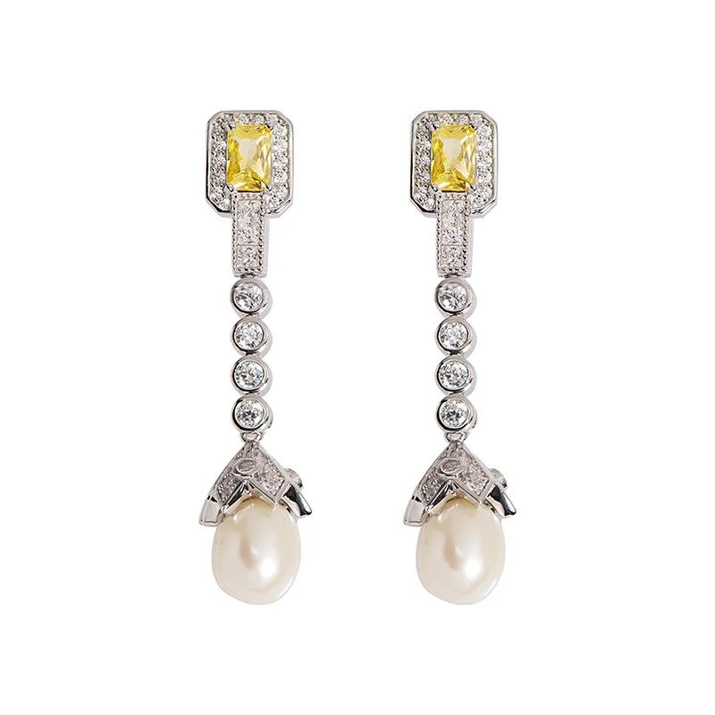 

BEELUX 925 Silver Fashion Natural Freshwater Pearl Long Earrings Square Yellow Zircon Fine Jewelry Earrings
