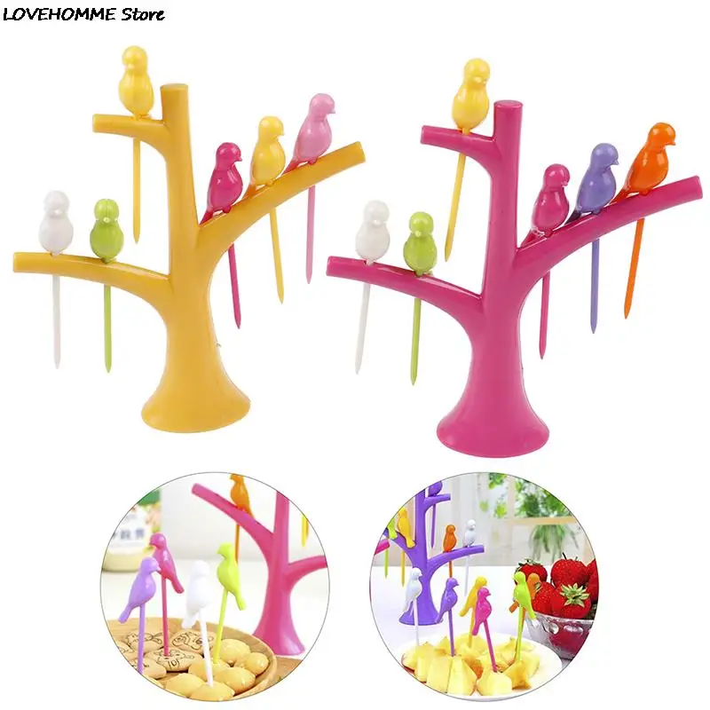 6/50/100pcs Mini Plastic Fruit Fork Tree Birds Dessert Fork Set Vegetable Food Cocktail Picks Dinnerware Food Decor for Kids