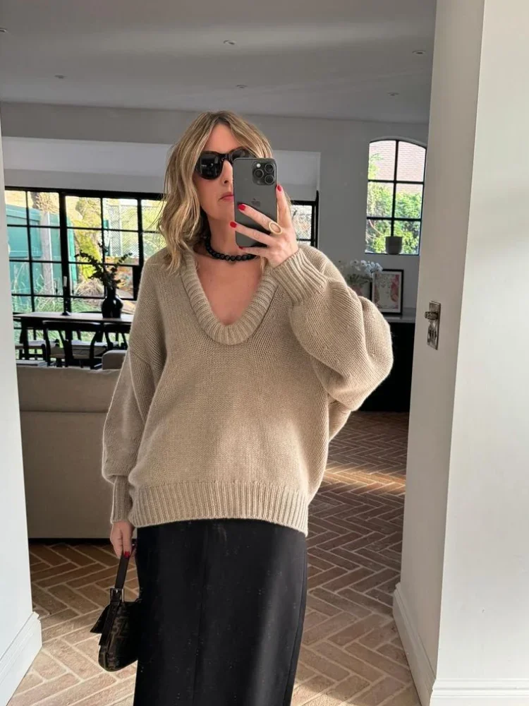 Elegant Deep V-neck Casual Sweater For Women Fashion Solid Loose Long Sleeve Knitted Pullover 2024 New Female Chic Street Jumper