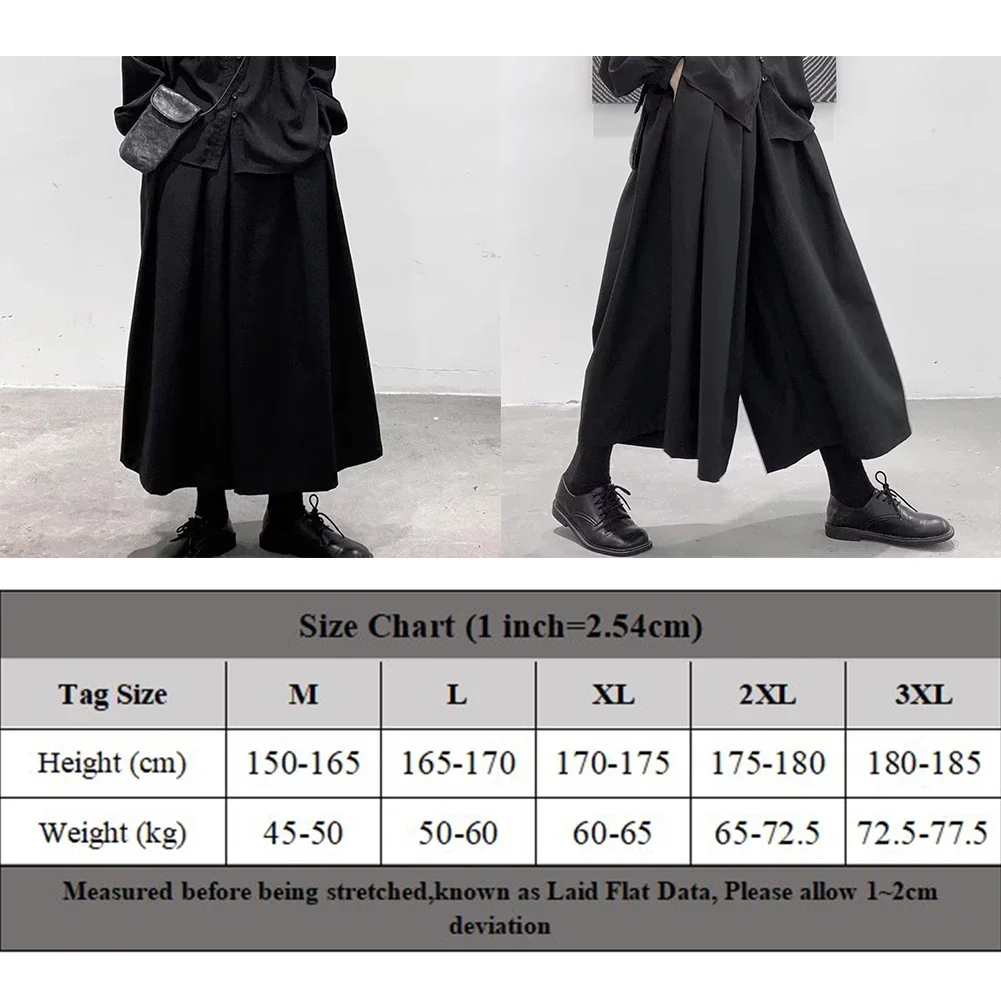 Mens Wide Leg Pants Gothic Dark Style Loose Cropped Hakama High Waisted Nine Point Straight Leg Pants For Samurai Pants