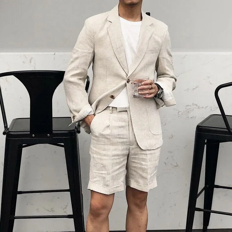 Beige Suits for Men Summer Outfits Shorts with Blazer 2 Piece Single Breasted Notch Lapel Slim Fit Beach Costume Homme Complet