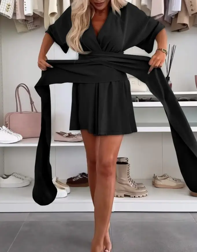 

Женский комбинезон с v-образным вырезом и половиной рукавов, стильный цельный наряд, идеально подходящий для повседневного ношения