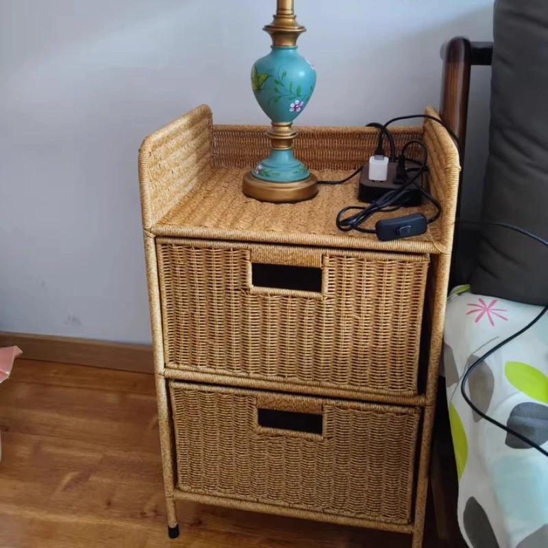 

Ins Nordic Bedside Table Imitation Vine Weaving Storage Cabinet Multilayered Drawer Night Stand Exquisite Durable Bedroom Chests