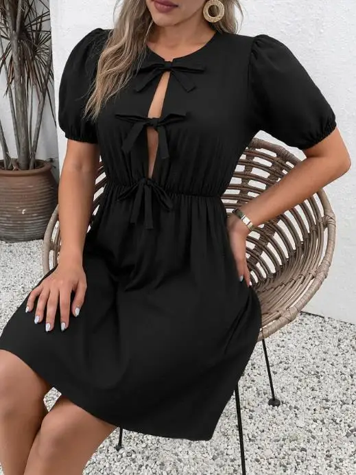 

Summer 2025 Romantic Retro Stripe Skirt round Neck Bow Tie Women's Dress Fashionable Classic Print Gown for Spring