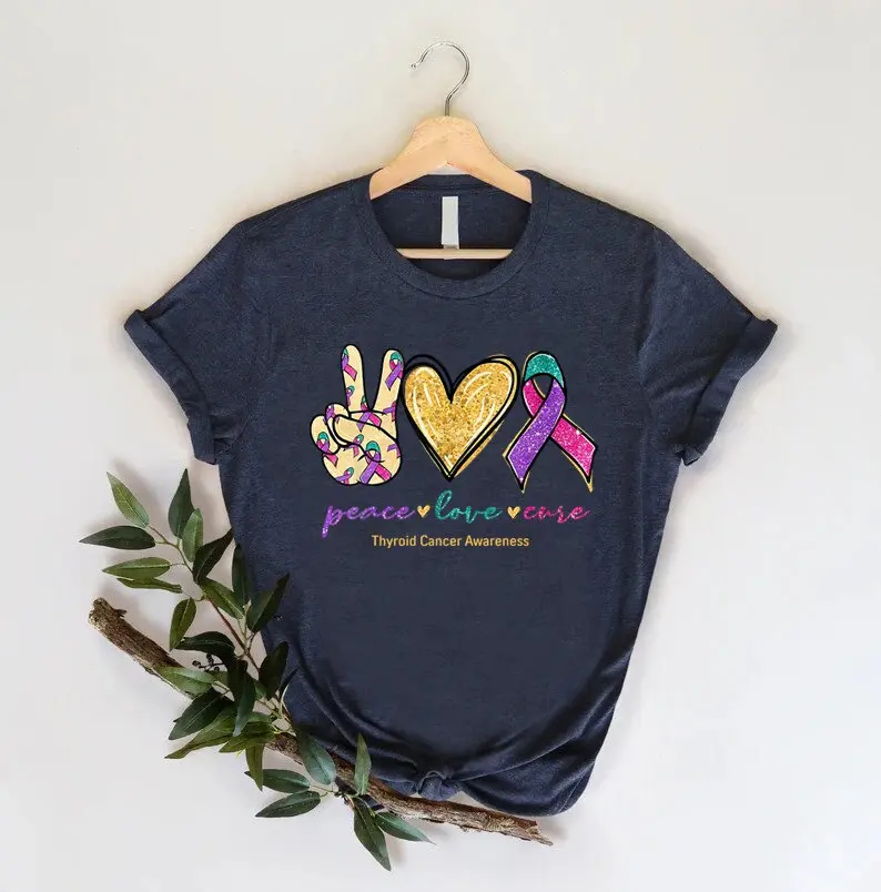 Peace Love and Cure T shirt Thyroid Cancer Awareness Pink Blue Ribbon Survivor SupporT for Fighter