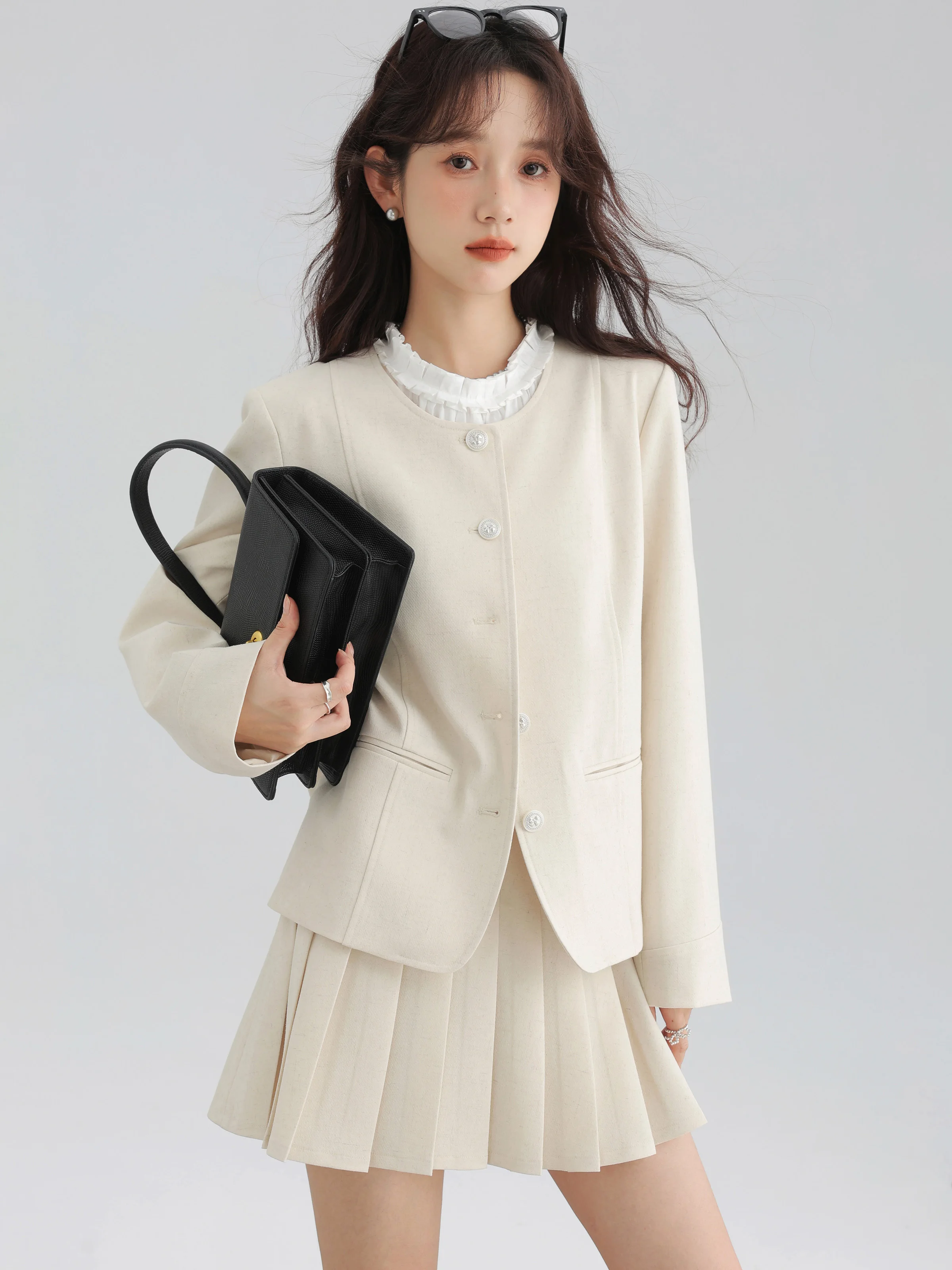 Autumn 3 Piece Set with Ruffled Blouse Pleated Mini Skirt and Chic Blazer Fashion Office or Casual Matching Elegant Tweed Suit