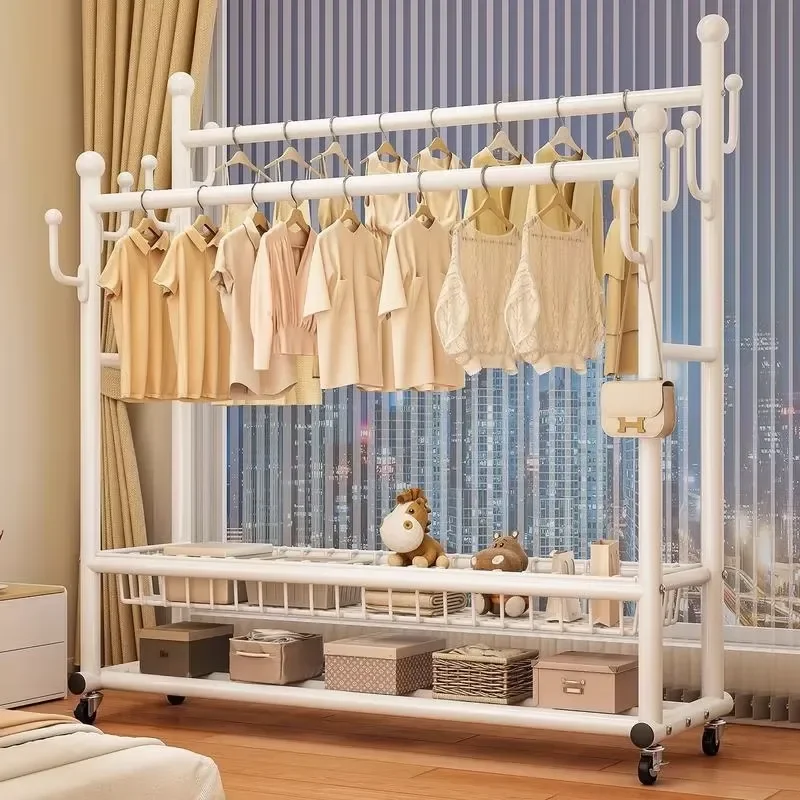 Large capacity double track hanger with hooks and baskets for bedrooms, living rooms and entrances