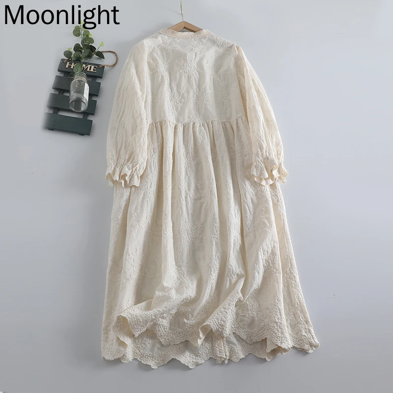 Mori Girl Lace Embroidery Long Sleeve Dresses Women Japanese Korean Sweet O-Neck Solid Color Loose Dress Vintage Female Vestidos