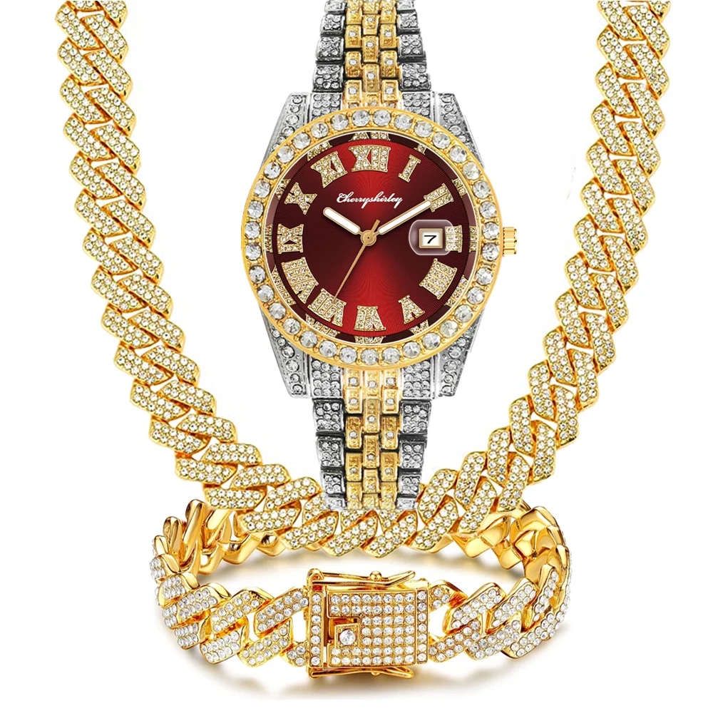 Relojes con calendario totalmente helado para hombre, pulsera de cadena cubana, collar ostentoso, conjunto de joyería, regalos, azul, rojo, verde y dorado, 3 uds.