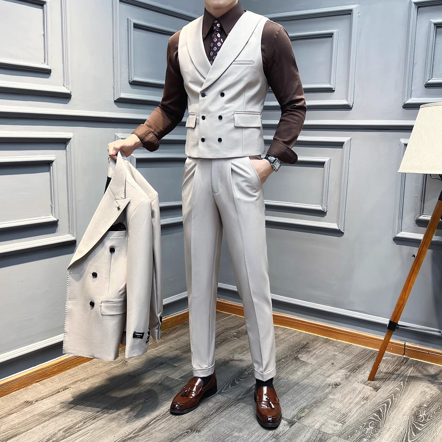 (Colete + calças) marca de alta qualidade cor sólida terno colete 2 peças masculino luxo duplo breasted design moda colete conjunto roupas do clube