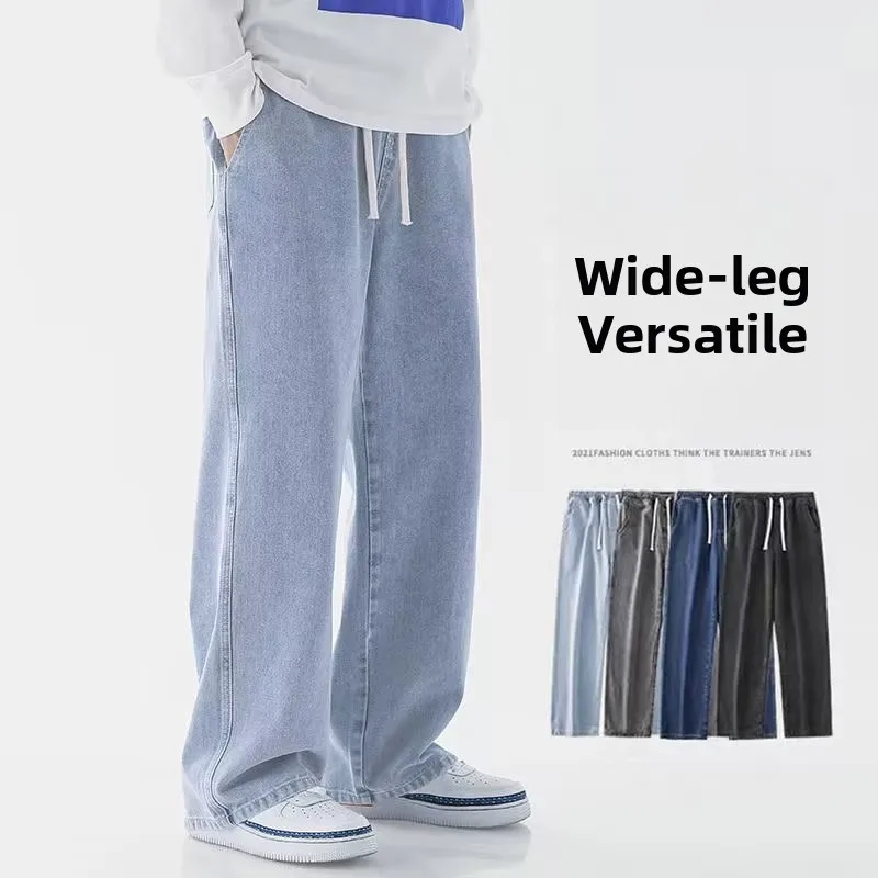 

Light Blue Loose Wide Leg Jeans for Men Summer Thin Elastic Casual Trendy High Street Straight Long Pants Cotton 100%