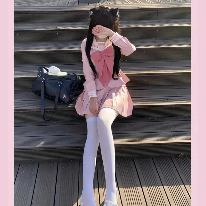 Sweet Patchwork Sailor Collar Bow Slim Fit Tops Women+ Y2k E-girls High Waist Pleated A-line Skirts 2025 New Two Piece Sets