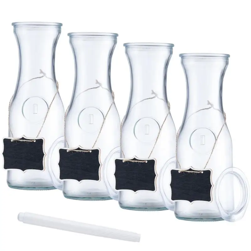 4Pcs Glass Carafes Pitchers 34 Oz Glass Carafes Set Clear Water Carafe With Lid And Label Large Beverage Carafe Juice Containers