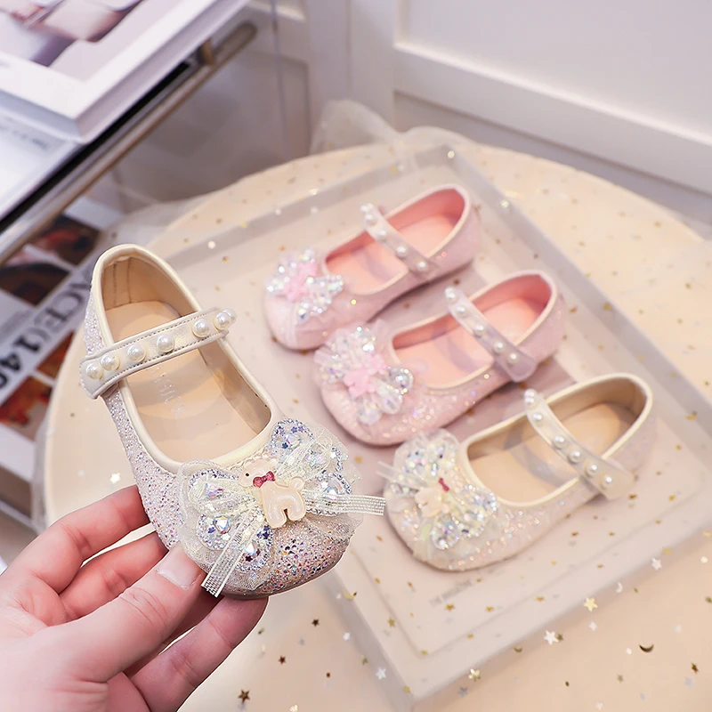Elegant Girls Leather Shoes Cute Glitter Children Party Wedding Shoes Sweet Princess Non-slip Soft Kids Ballet Dress Flat Shoes