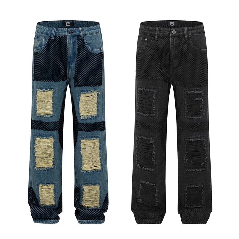 Personalized street grid splicing high-end tide loose straight men's jeans 2024 fall new destruction washed black men's pants