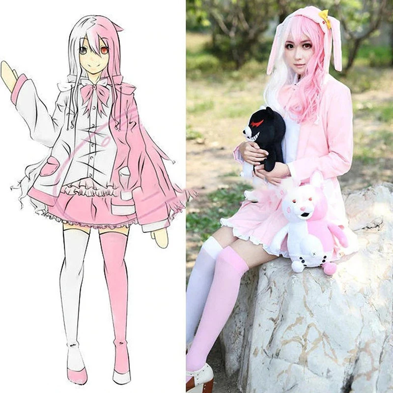 

Danganronpa Monomi Usami Pink Cosplay Costume Wig Student Cute Skirt Girl Mascot Rabbit Girl School Uniform White Suit