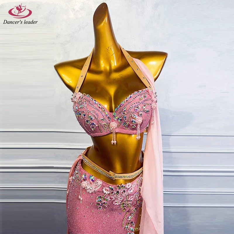 Roupas de dança do ventre strass feminino high-end personalizado sutiã rosa capa vestido longo samba desempenho vestido de alto flash