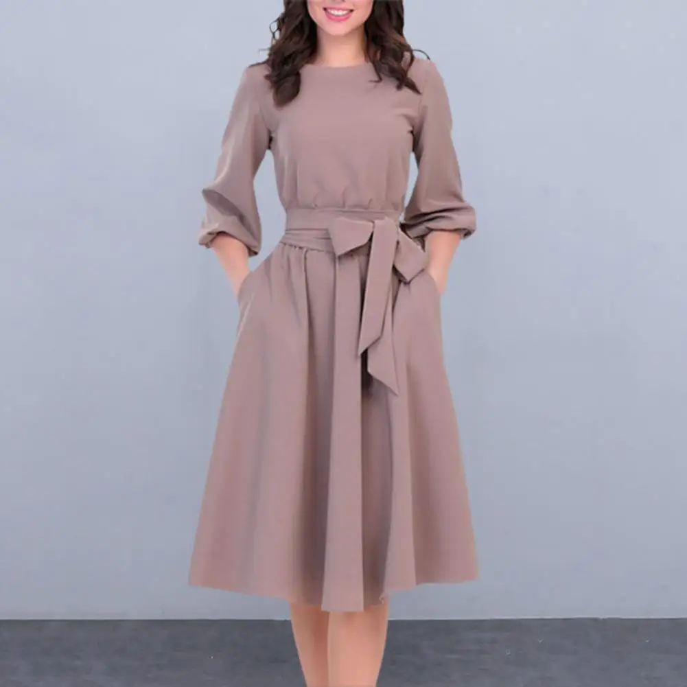 

Women Round Neck Dress Elegant Lantern Sleeves Midi Dress for Women Solid Color A-line Dress with Lace-up Waist Round for Work