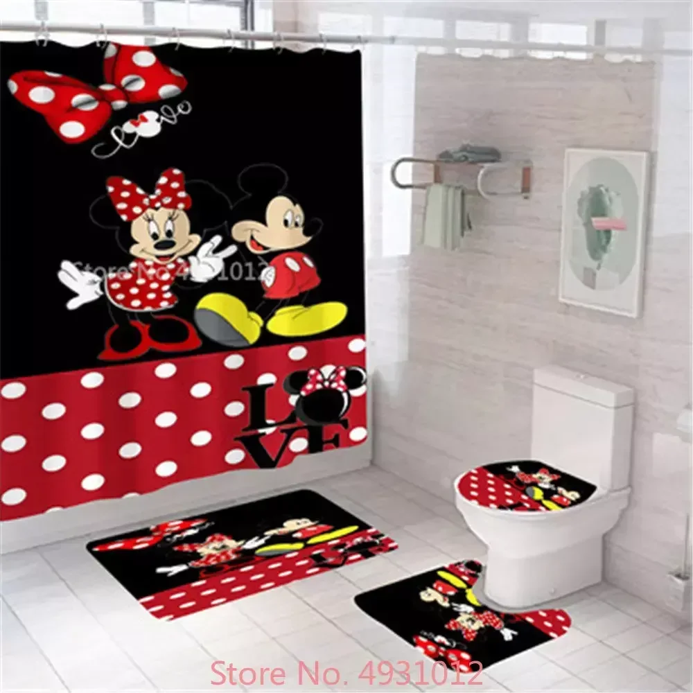 Disney Red Mickey Minnie Mouse Love Bath Shower Curtain Set 4pcs with Hooks Cartoon Decor Waterproof Bathroom Toilet Mat Lid