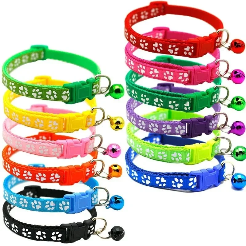 1-12Pcs Pet Collar With Bell Cartoon Footprint Colorful Puppy Kitten Collar Adjustable Safety Bell Ring Necklace Pet Accessories