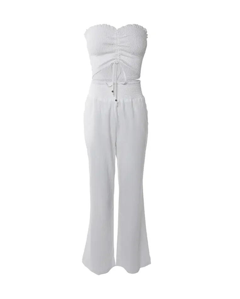 Women's Two Piece Set Elegant Commuting Drawstring Ruched Straight Bandeau Crop Top and Shirred High Waist Sweatpants Sets