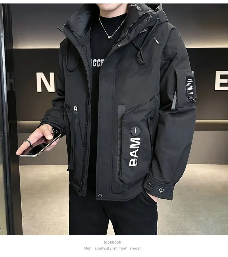 

High-end Winter Down Jacket Men Warm Thick White Duck Down Coat Trend Big Pockets Zipper Outerwear Windproof Hooded Windbreaker