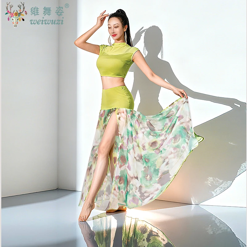 

Костюмы для практики танца живота, женский сексуальный топ с короткими рукавами + длинная юбка с высоким принтом, комплект для профессионального обучения восточных танцев