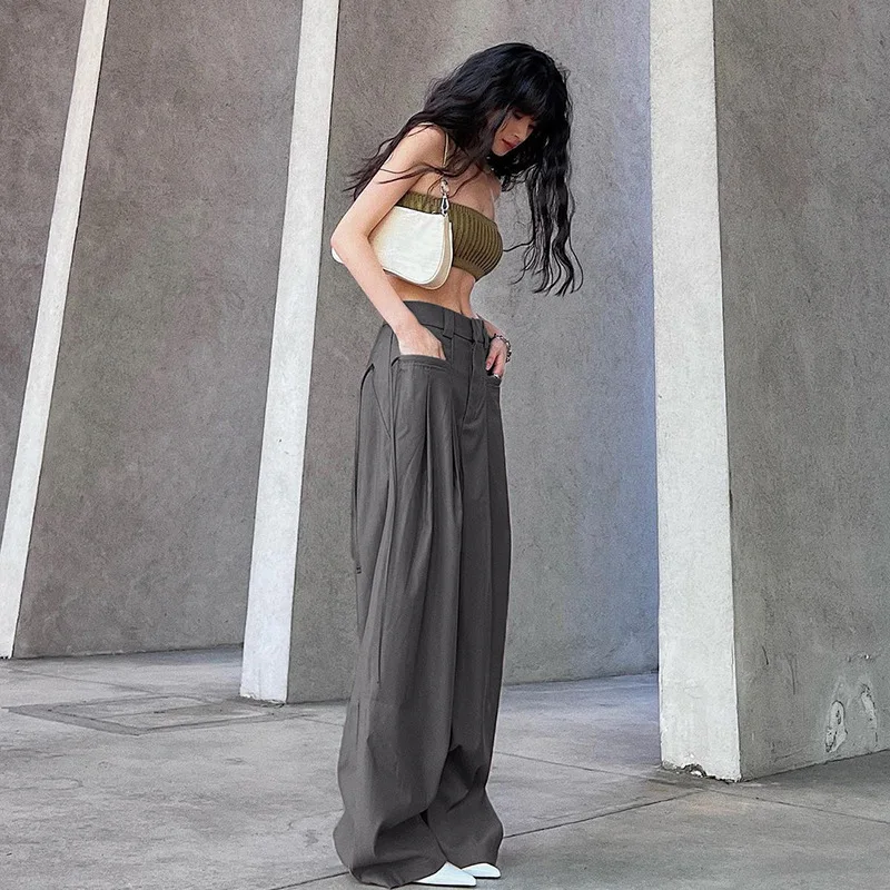 Make Old Gray Woven Straight Pants Women's High-waisted Loose-fitting Long Leg Streamer Pants