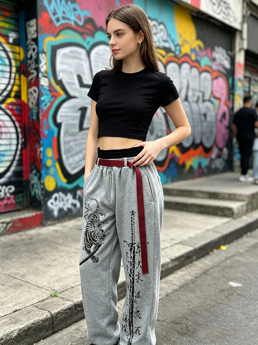 Trendy Women Asian Art Graphic Sweatpants Y2K Adjustable Red Ribbon Belt Double Waist Design Drawstring Wide Leg Street Trousers