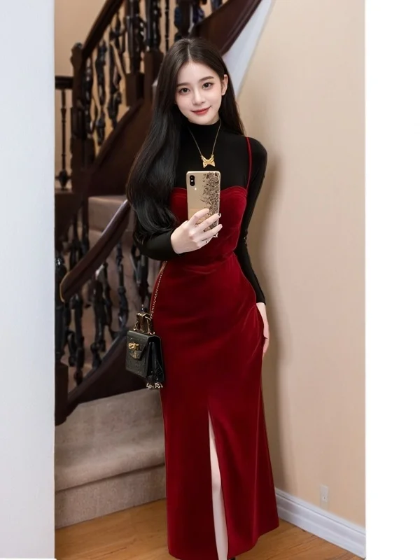 

Elegant Velvet Wine Red Strapless Dress And Knitted Top Two-Piece Set Summer Fashionable Comfortable Cotton Blend Long Sleeve
