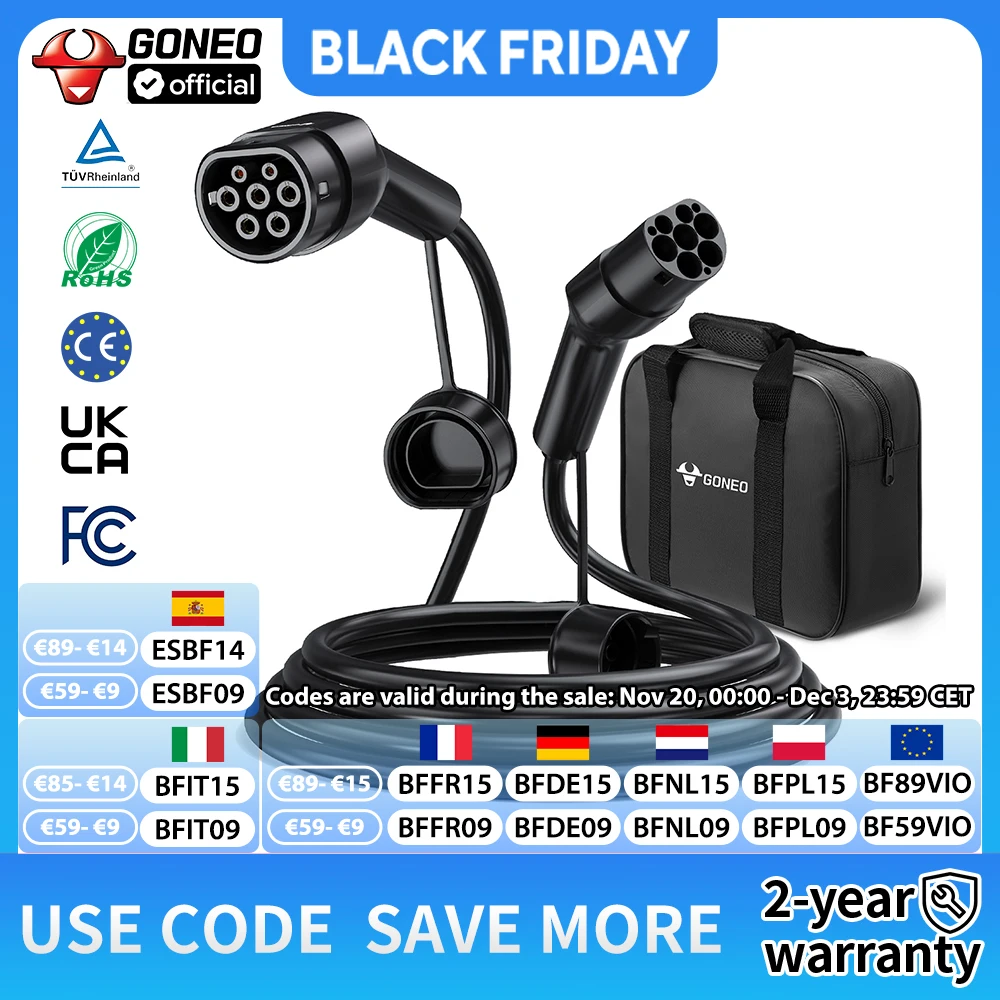 Câble de chargement GONEO Type 2 pour véhicules électriques, CCS2 triphasé, 7 kW /11KW /22 kW, câble hybride automatique de Type 2 compatible