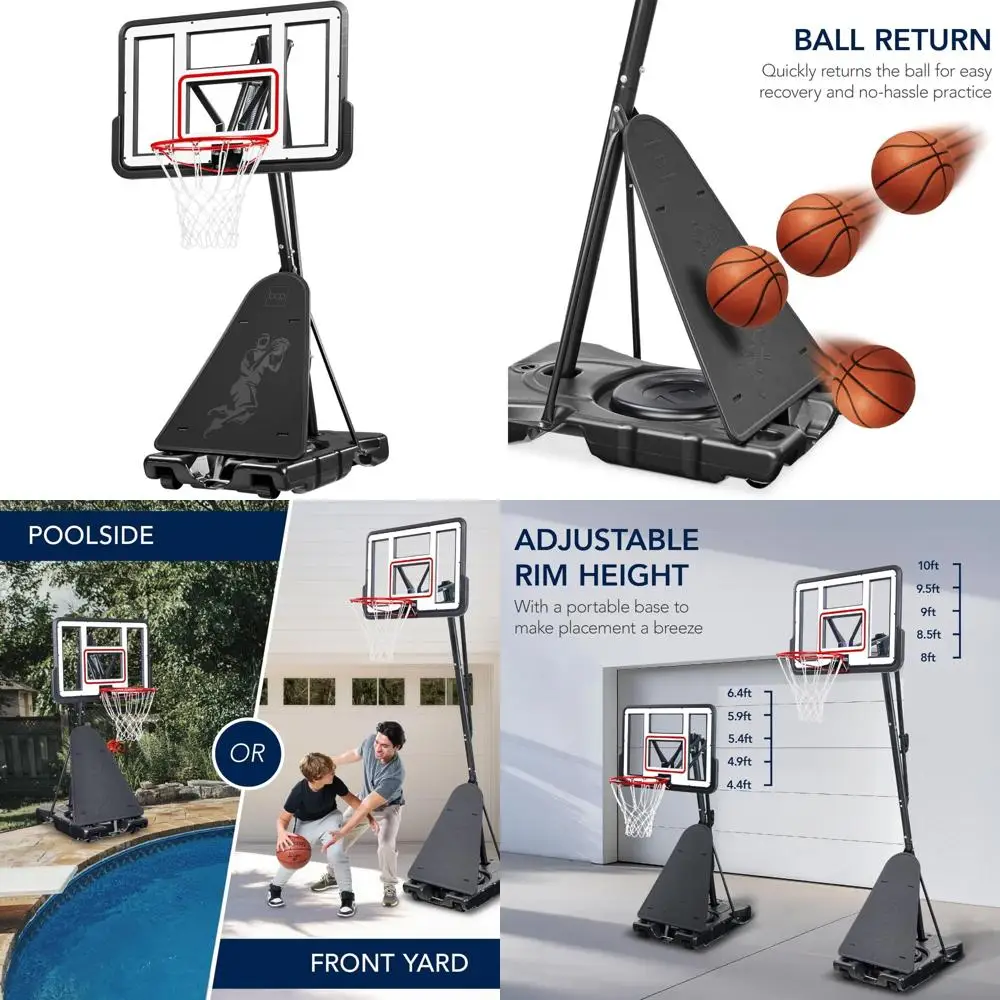 Sistema de cesta de basquete portátil 4,4-10 pés ajustável, tabela inquebrável, retorno de bola, base incluída, ideal para jogos ao ar livre