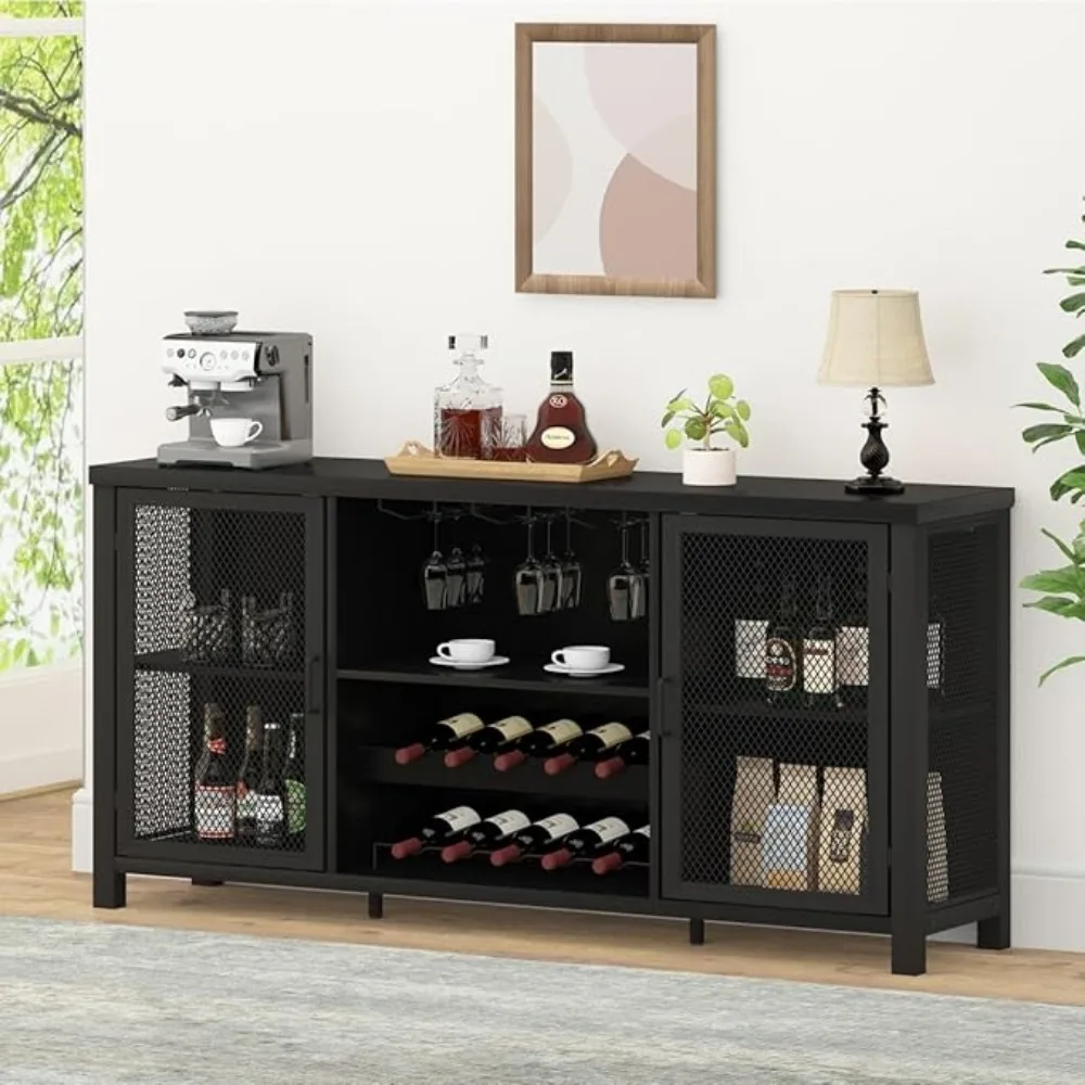 

Industrial Coffee Bar Cabinet Wine Bottle Holder Wood Metal Sideboard Buffet Cabinet for Home Kitchen Dining Whiskey Display