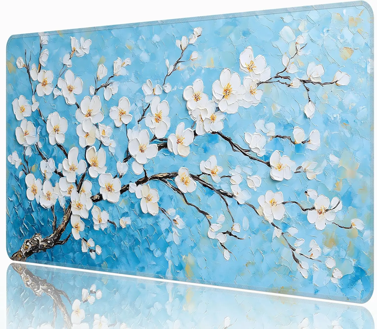 Impasto White Almond Flower Gaming Mouse Pad, Vintage Oil Painting Floral Branch Art, Stitched Non‑Slip Desk Mat for PC Keyboard
