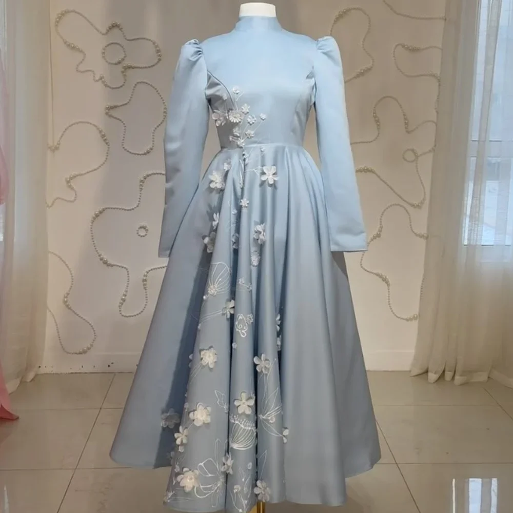 

Customized Jersey Applique Flower Engagement A-line High Collar Bespoke Occasion Gown Midi Dresses