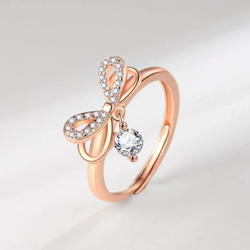 New Bow Full Open Ring Light Luxury Zirconia Adjustable Ring for Women Elegant Stackable Jewelry Gift