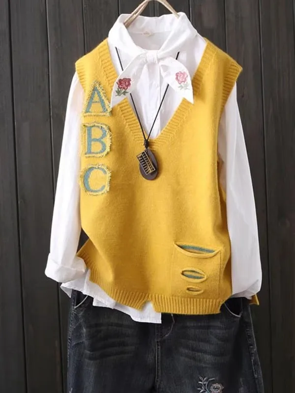 Loose Casual Knitted Vest Women Spring Autumn New Style V-Neck Letter Artistic Sleeveless Top Comfortable Breathable Jacket