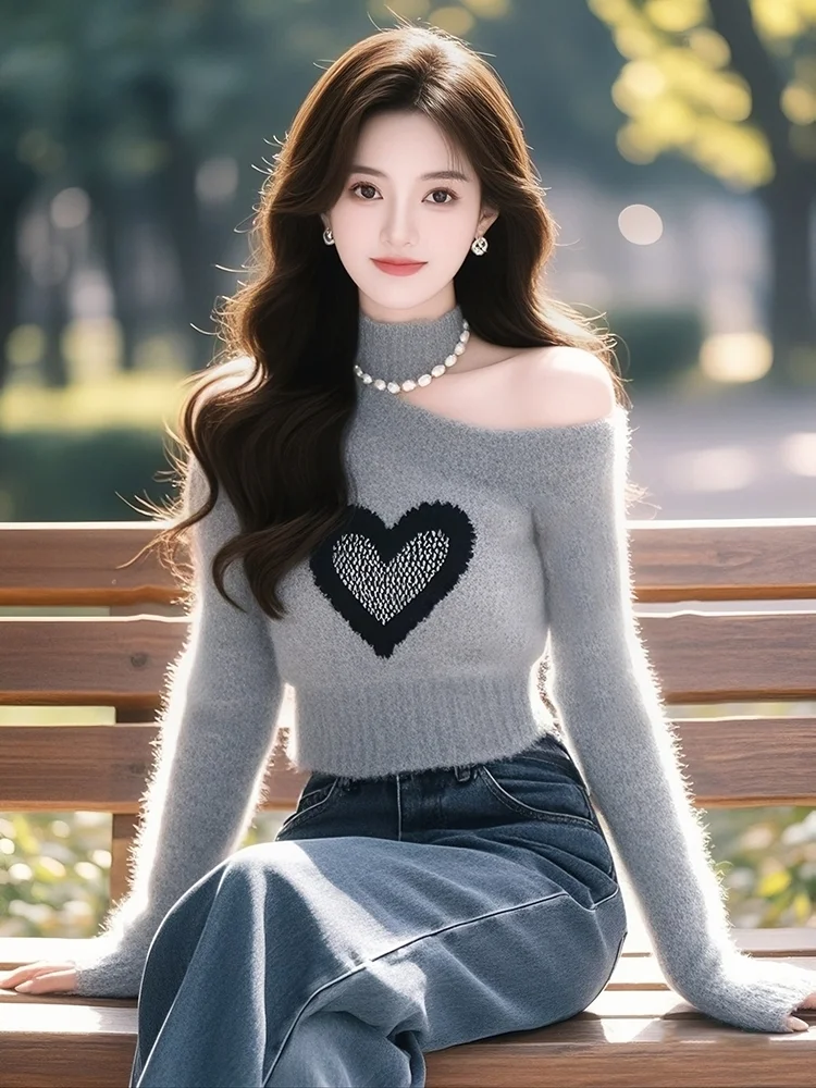 

Модный женский элегантный свитер с воротником в форме сердца, корейский шикарный тонкий вязаный офисный женский пуловер с длинными рукавами, топ, осень-зима M190