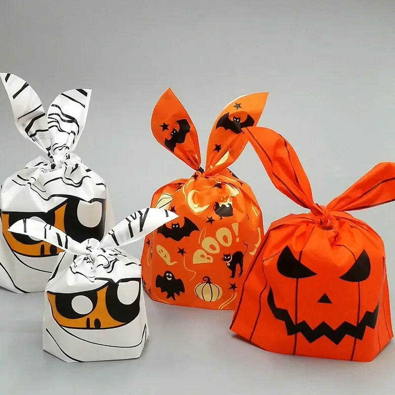 

20pcs Halloween Candy Bags Rabbit Ear Plastic Bag For Kids Gift Biscuits Cookies Dessert DIY Packaging Supplies Baking Decor