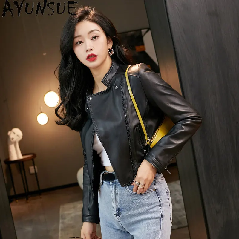 AYUNSUE Natural Leather Jacket Women High Waist Real Sheepskin Coat Short Leather Jackets Woman Biker Streetwear Jaqueta Couro