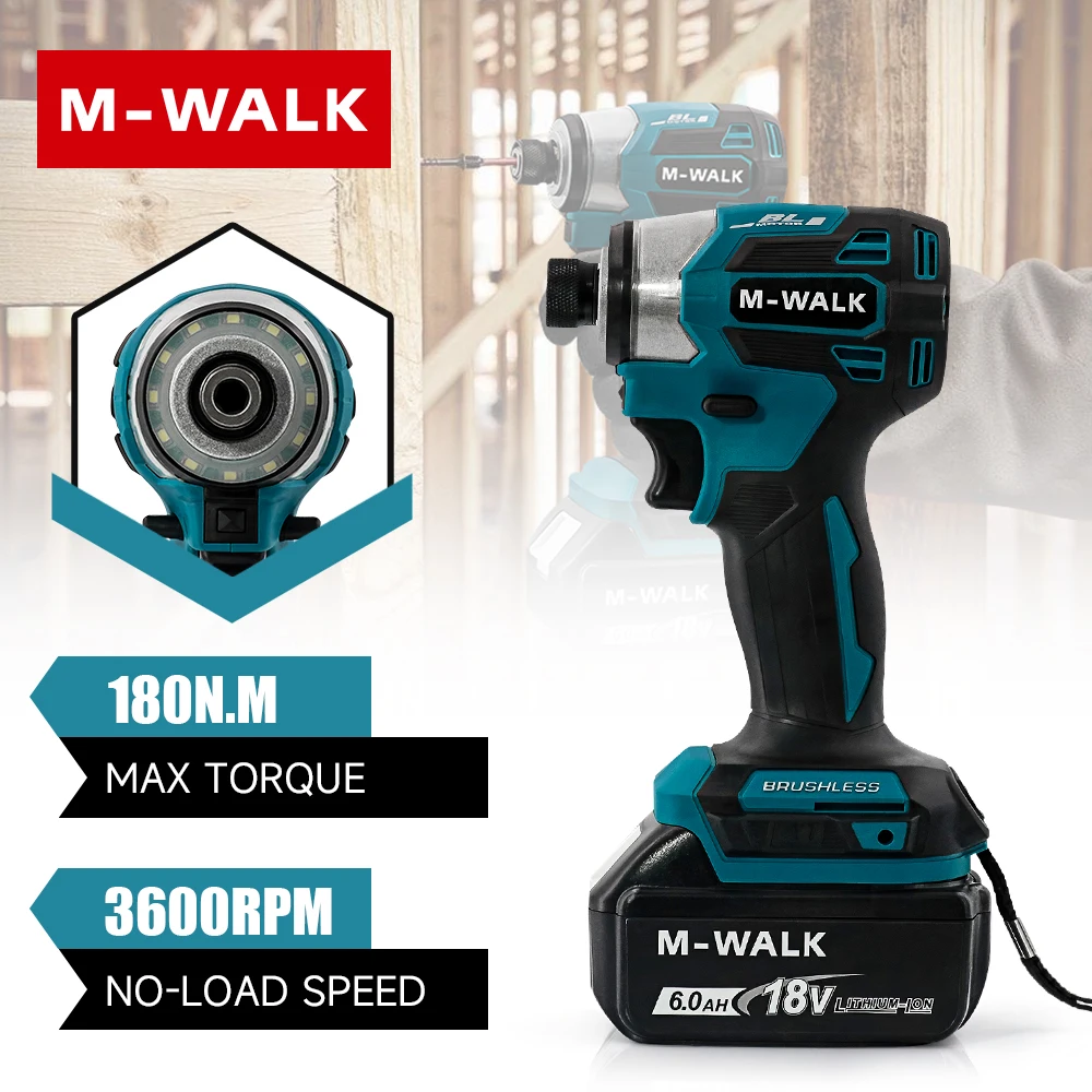 Parafusadeira Elétrica Sem Escovas M-WALK, Ferramenta de Impacto para DIY em Casa, 180Nm, Modo Madeira/Parafuso/T, Compatível com Bateria Makita 18V