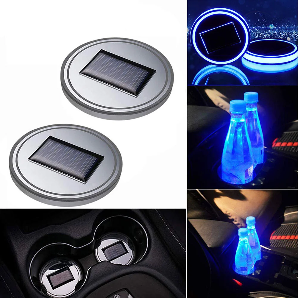 Solar Powered LED Car Cup Holder Mat Pad Drink Bottle Coaster with Built-in Light and Vibration Sensor Car Interior Decoration (