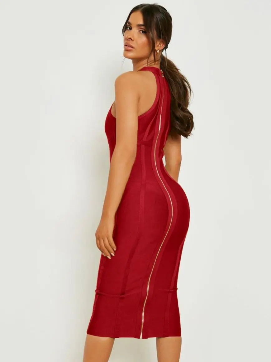 Vestido rojo vino de alta calidad, vestido de noche ajustado con cremallera y tanque de verano, vestido Bandage Vintage para mujer, Vestidos de fiesta XL 2025